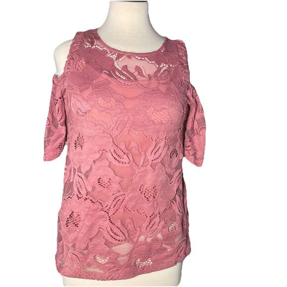 INC Pink Lace Top Blouse Women's Small Cold Shoulder/Short Sleeve - Picture 1 of 7